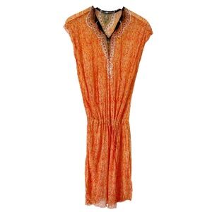 TARUN TAHILIANI Cover-Up Dress Silk Chiffon Tunic Dress Sheer Paisley Rhinestone